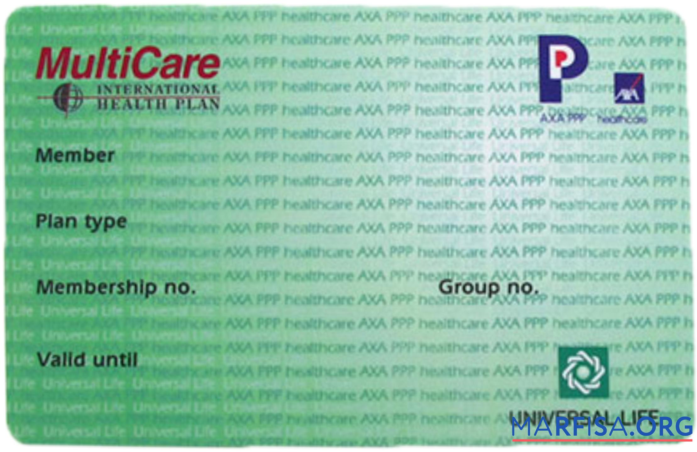 Blank USA MultiCare international health plan card example